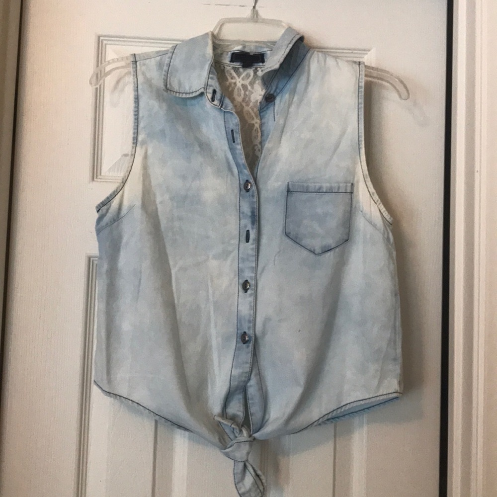 Denim wash collared tank with lace back